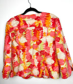 back of Ruby Red Multi Coloured denim style jacket  on hanger