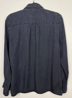 back of Sandwich Denim Studio Amsterdam charcoal 100% Tencel shirt with stunning hand-applied blue crystal collar embellishment and ruffle cuff detail at Blue Sparrow Shop on hanger
