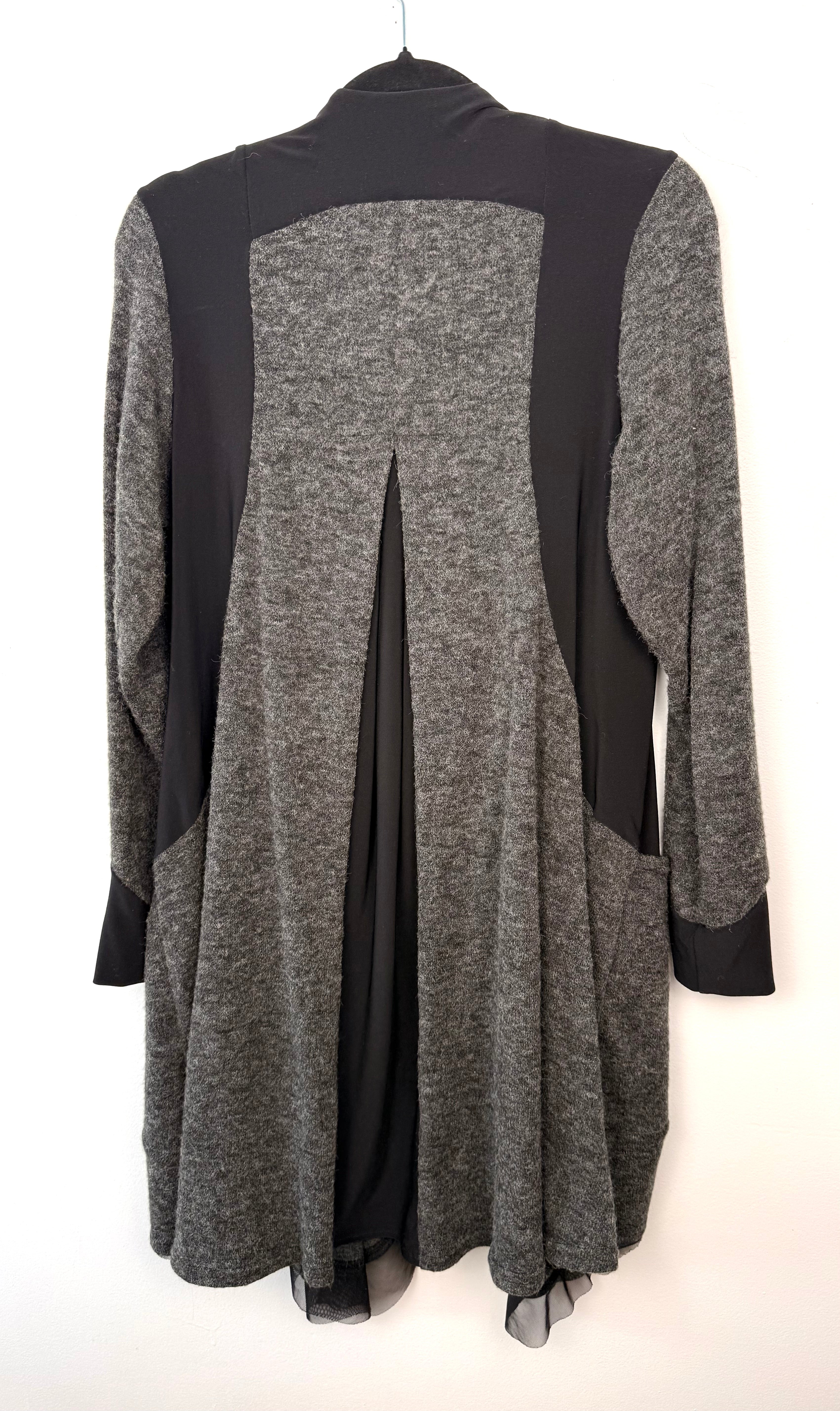 back of Sympli Made in Canada Black & Grey Mixed Media Long Cardigan | Size 10