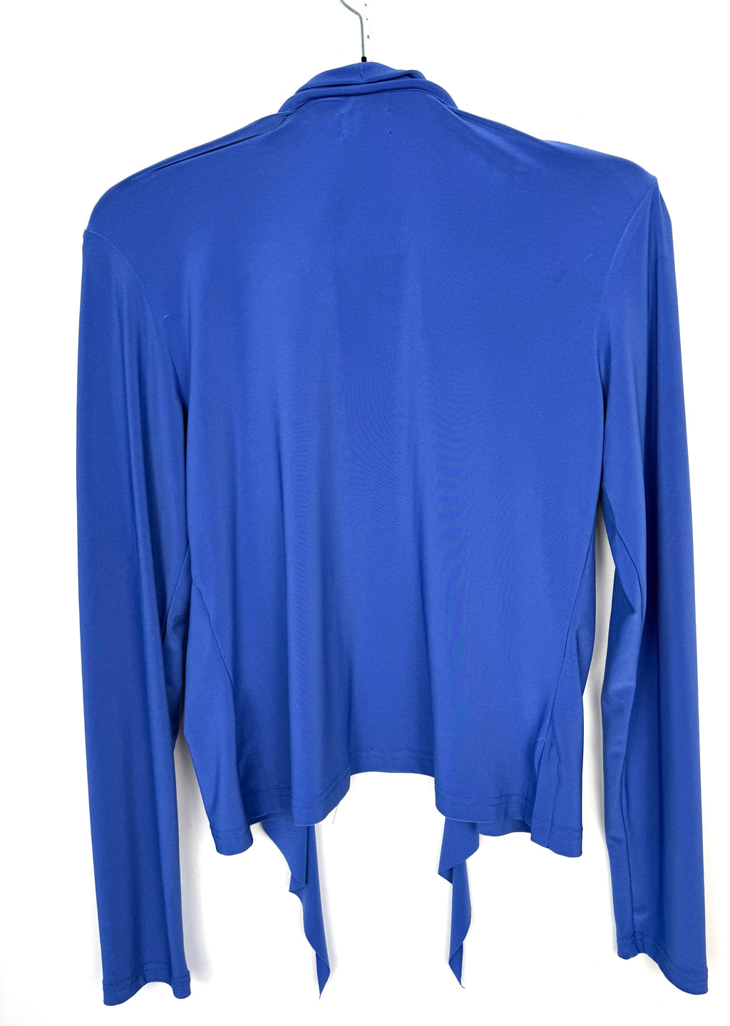 back of Sympli Made in Canada Waterfall Cardigan — Periwinkle Blue | Ruffle Front | Travel Wear | Size 8 at Blue Sparrow Shop on hanger