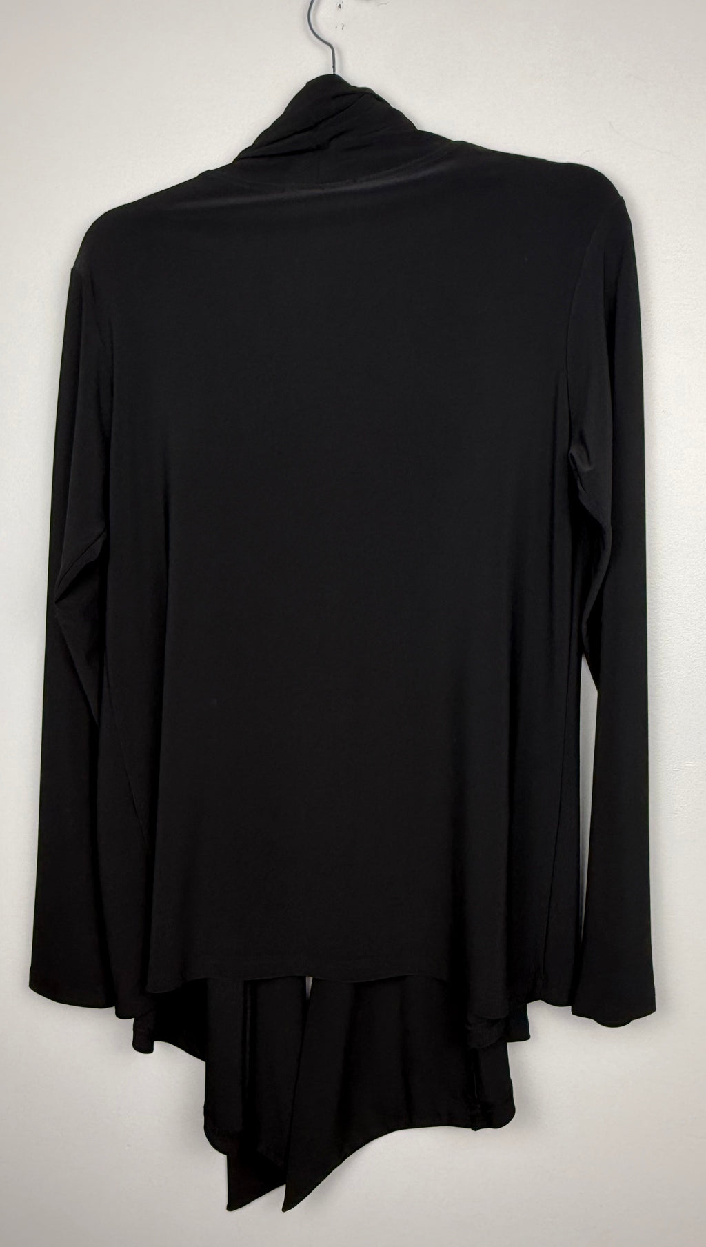 back of black Sympli Waterfall Front Open Jacket on hanger