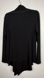 back of black Sympli Waterfall Front Open Jacket on hanger