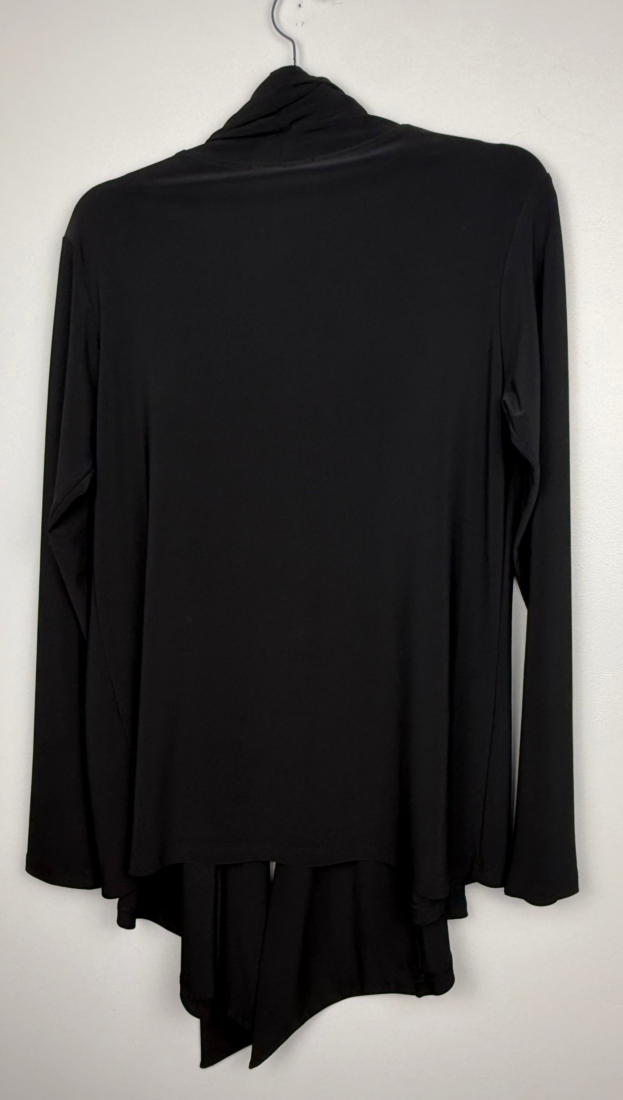 back of black Sympli Waterfall Front Open Jacket on hanger