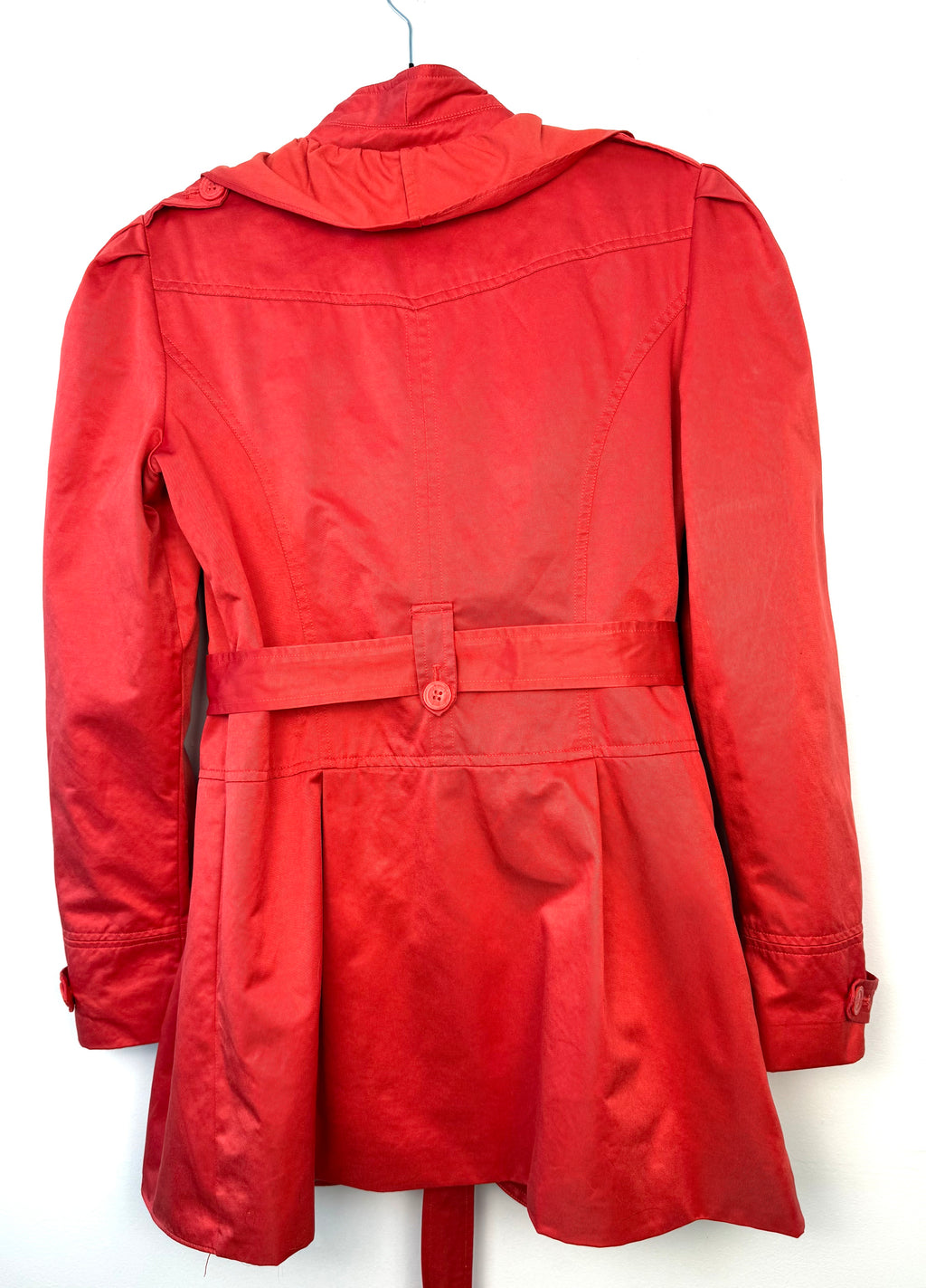 back of THX Merci Collection ruffle trench coat jacket