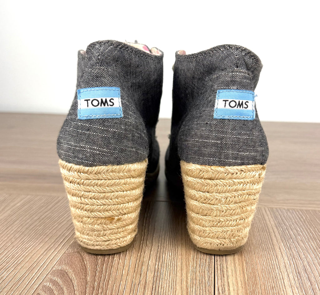 back of TOMS Chambray Espadrille Wedge Booties