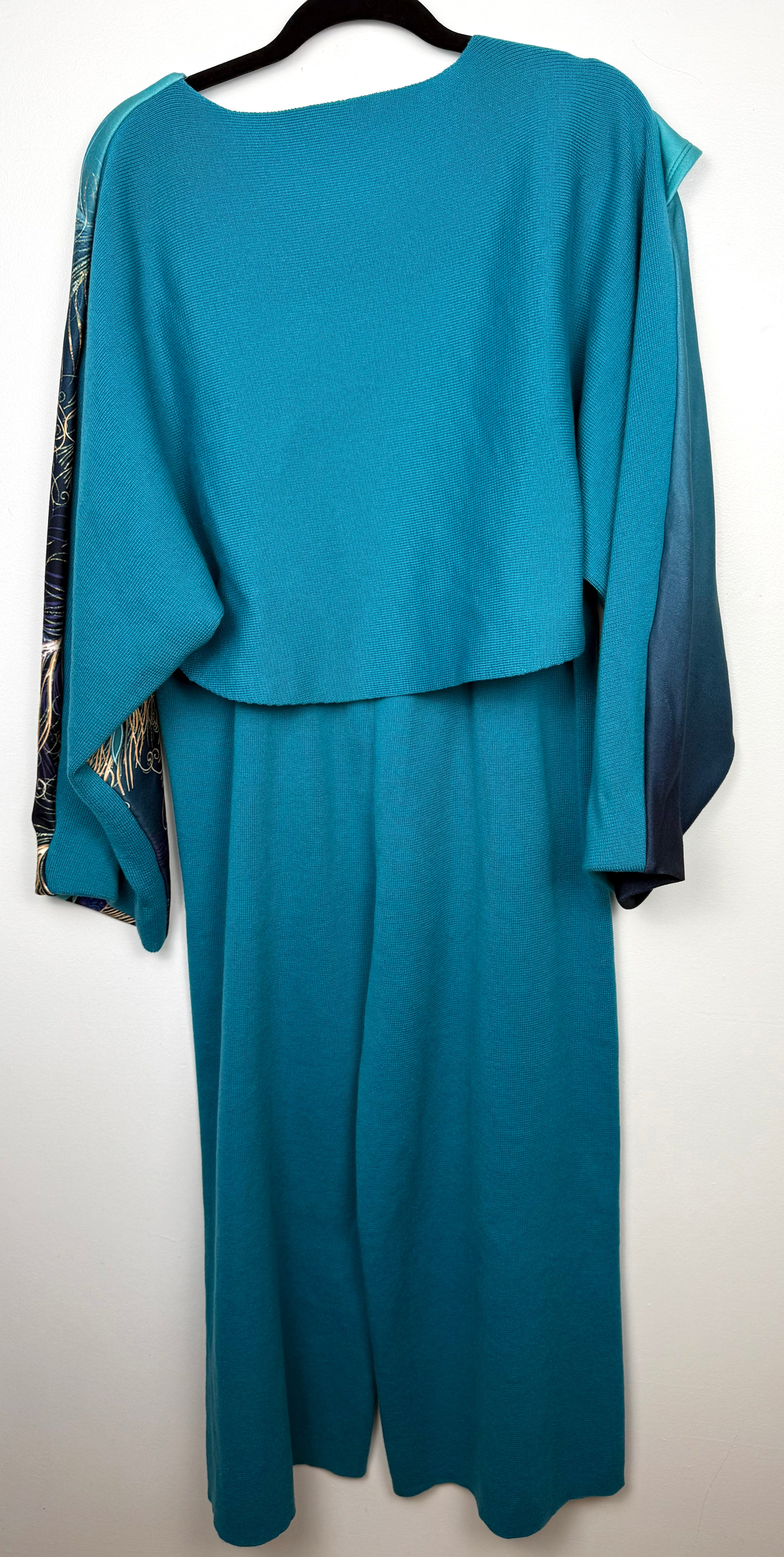 back of Teal Peacock Print 2-Piece Knit Set — Wide-Leg Pants + Draped Top, Size XL at Blue Sparrow Shop