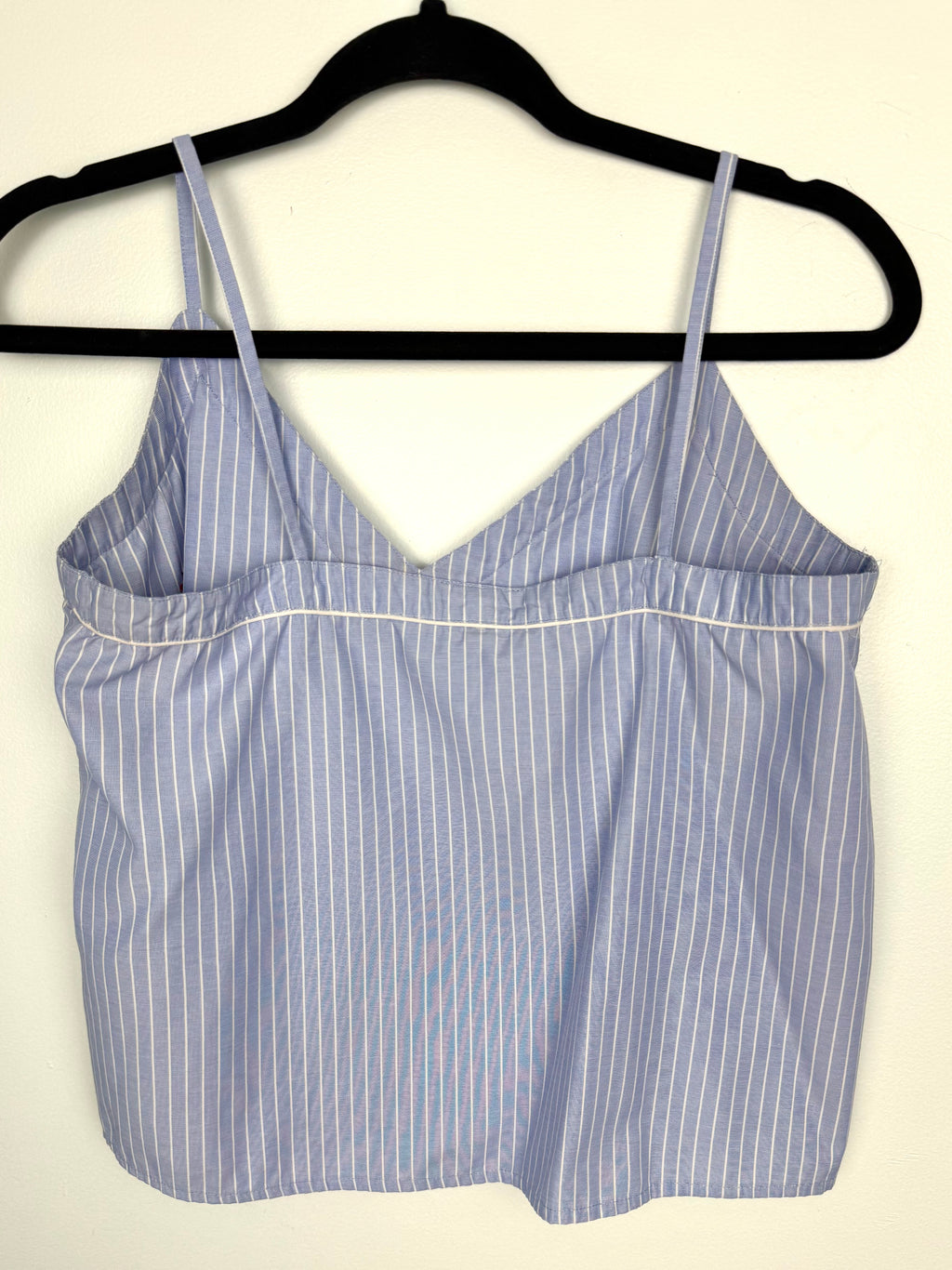 back of  Topshop Blue Pinstripe Embroidered Cami Top | Size M at Blue Sparrow Shop  on hanger