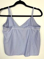 back of  Topshop Blue Pinstripe Embroidered Cami Top | Size M at Blue Sparrow Shop  on hanger