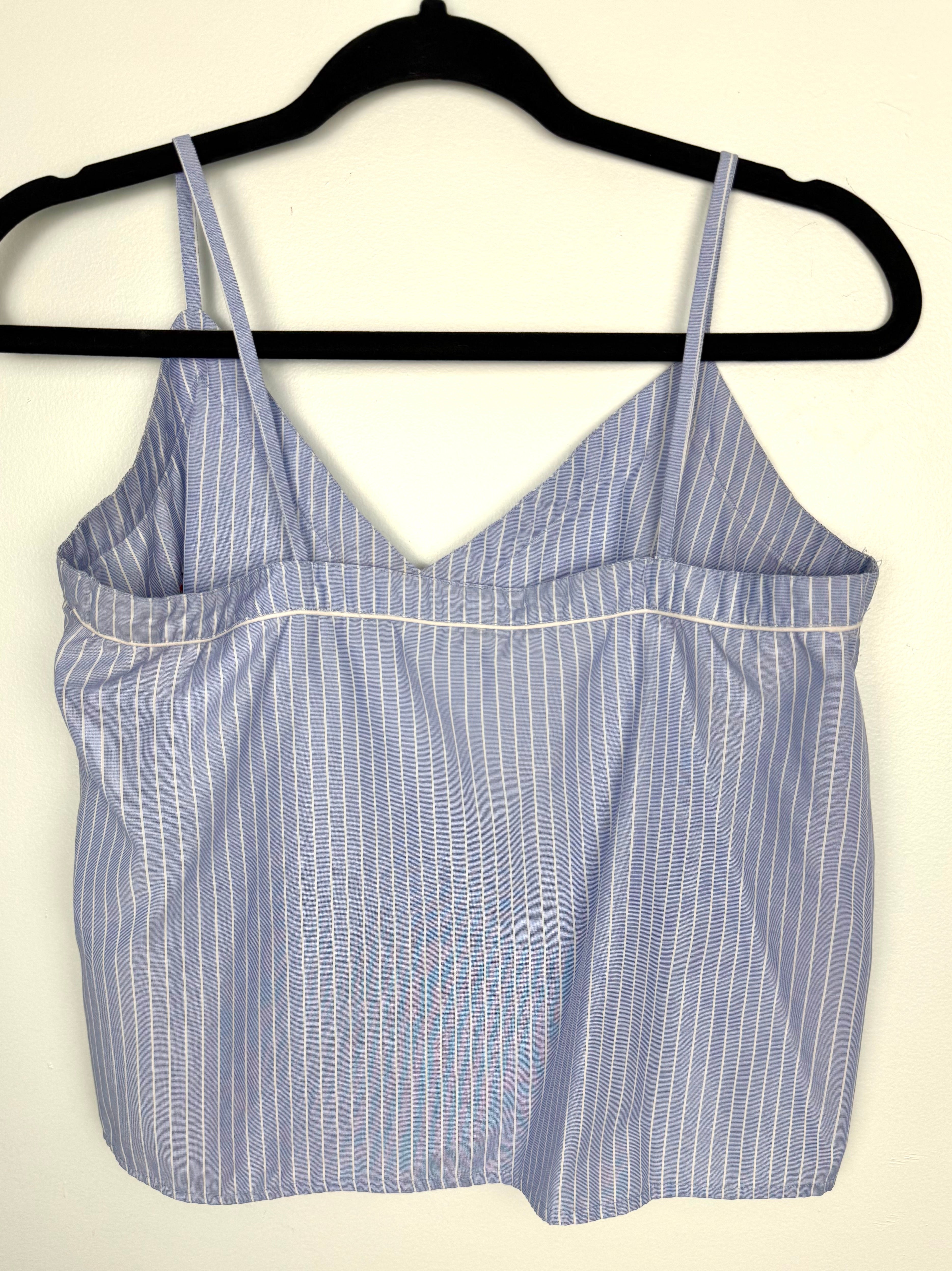 back of  Topshop Blue Pinstripe Embroidered Cami Top | Size M at Blue Sparrow Shop  on hanger