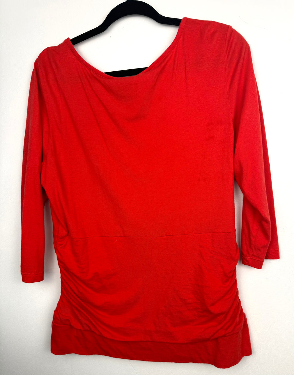 back of Tribal Cotton Scoop Neck Ruched Side Top — Deep Orange | 3/4 Sleeve | Size XL at Blue Sparrow Shop