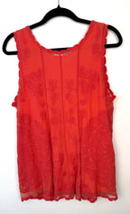 back of Tribal Lace Overlay Sleeveless Top | Size L at Blue Sparrow Shop on hanger
