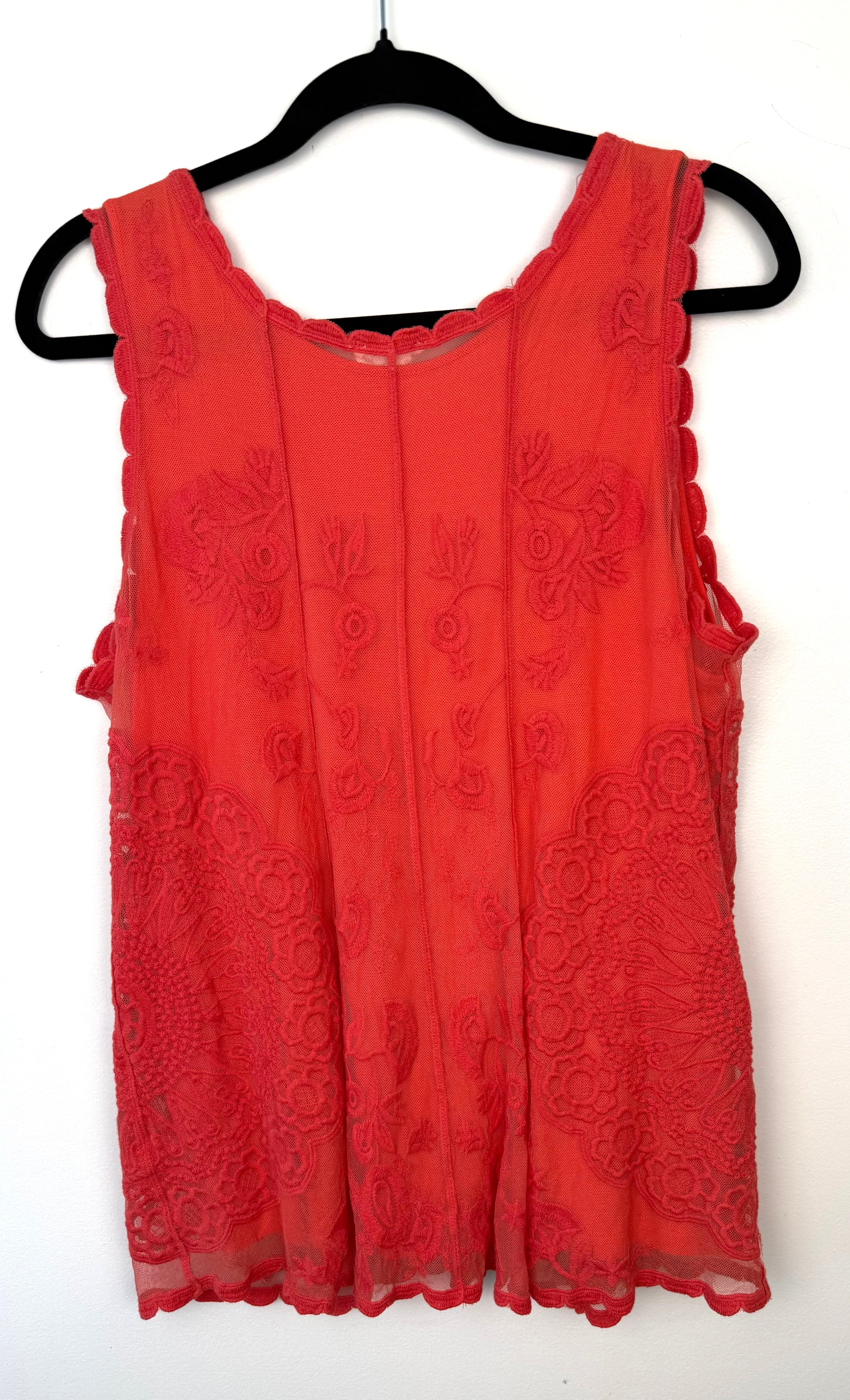 back of Tribal Lace Overlay Sleeveless Top | Size L at Blue Sparrow Shop on hanger