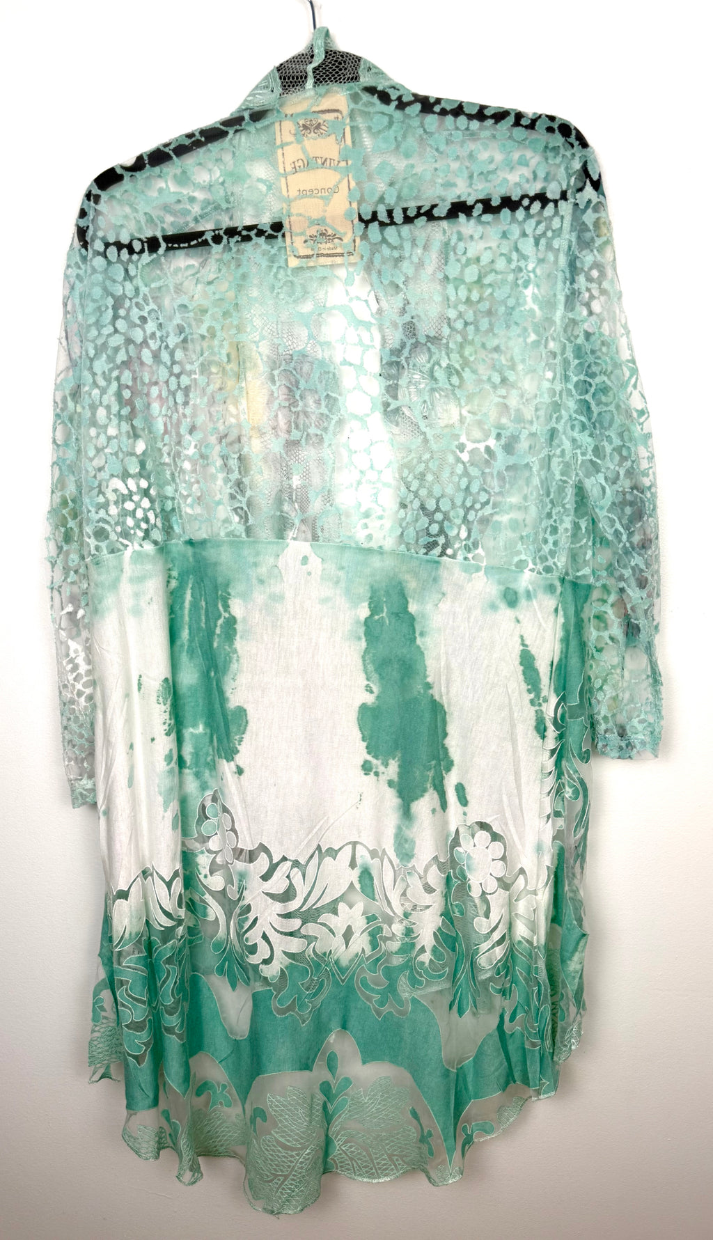 back of Vintage Concept — Cotton Blend Mint Lace Print Open Cardigan, Size XL at Blue Sparrow Shop  on hanger