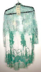 back of Vintage Concept — Cotton Blend Mint Lace Print Open Cardigan, Size XL at Blue Sparrow Shop  on hanger