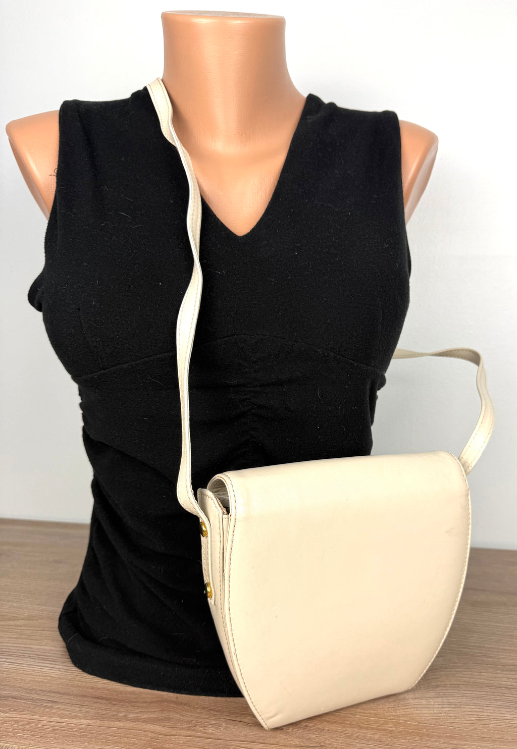 back of Vintage Leather Joop Crossbody Bag  at Blue Sparrow Shop on mannequin to show size 