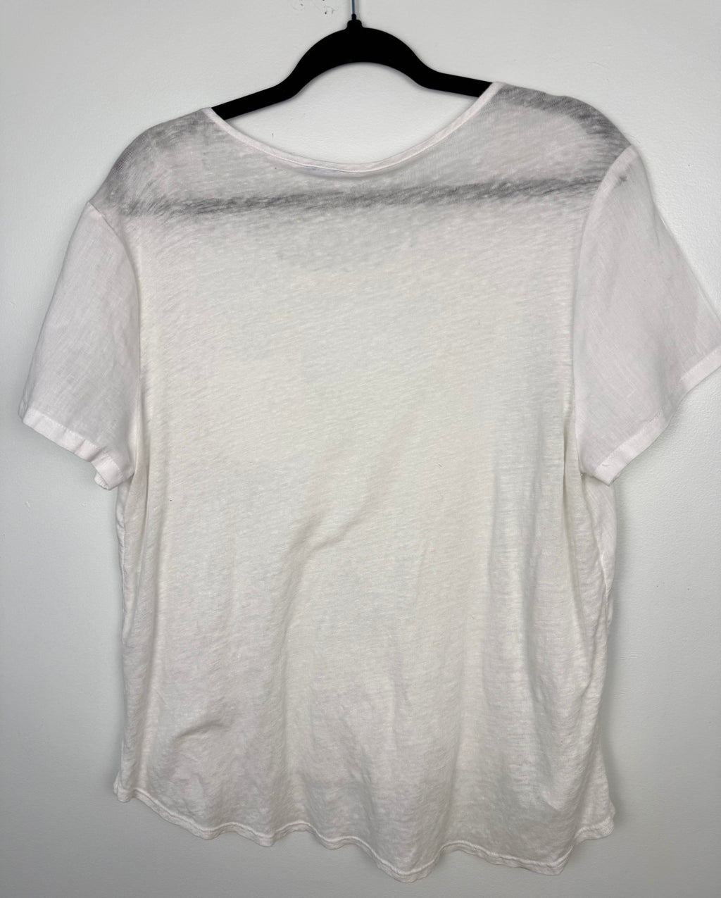 back of White linen blend basic, boxy, short sleeve tee with chest pocket at Blue Sparrow Shop on hanger