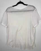 back of White linen blend basic, boxy, short sleeve tee with chest pocket at Blue Sparrow Shop on hanger