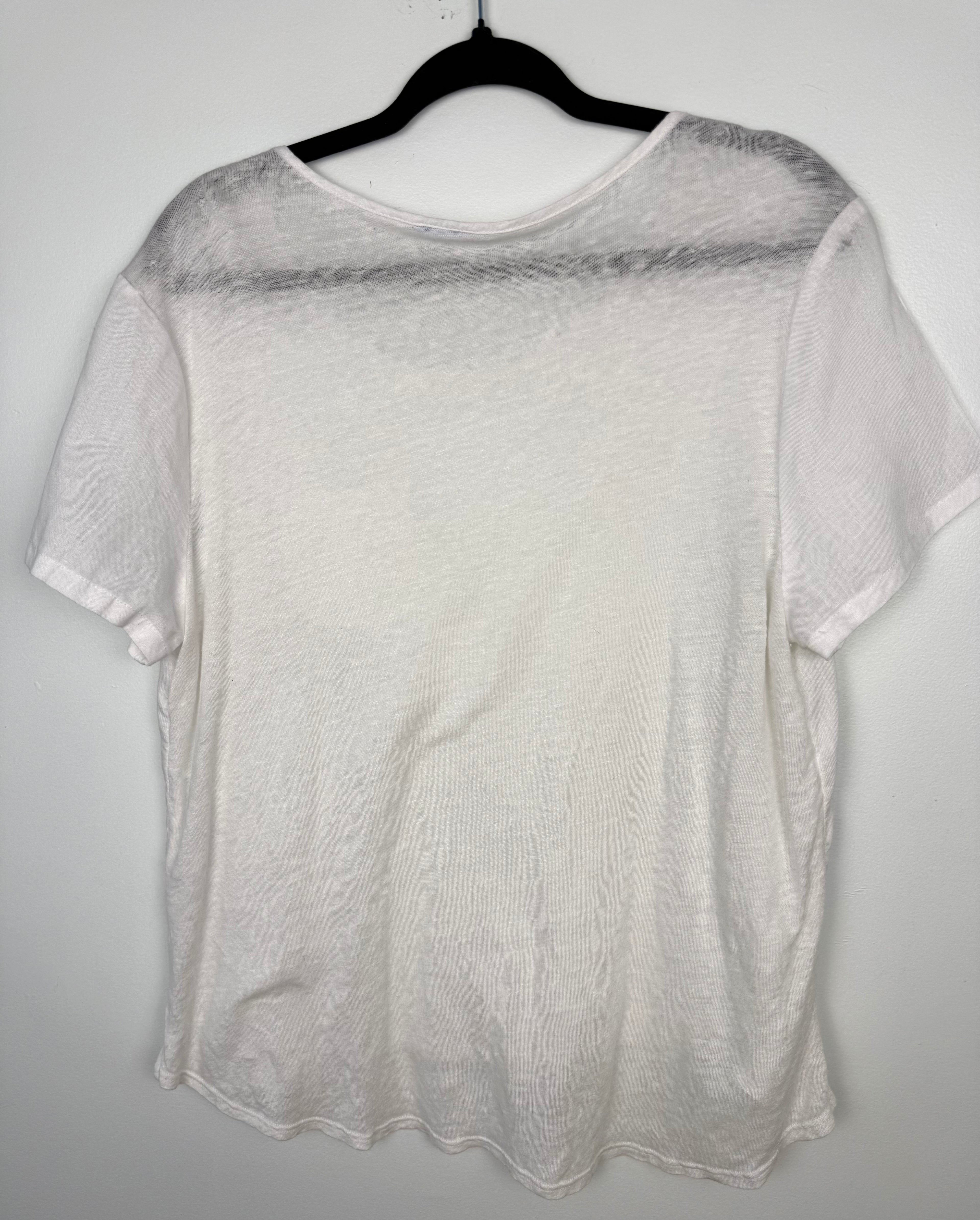 back of White linen blend basic, boxy, short sleeve tee with chest pocket at Blue Sparrow Shop on hanger
