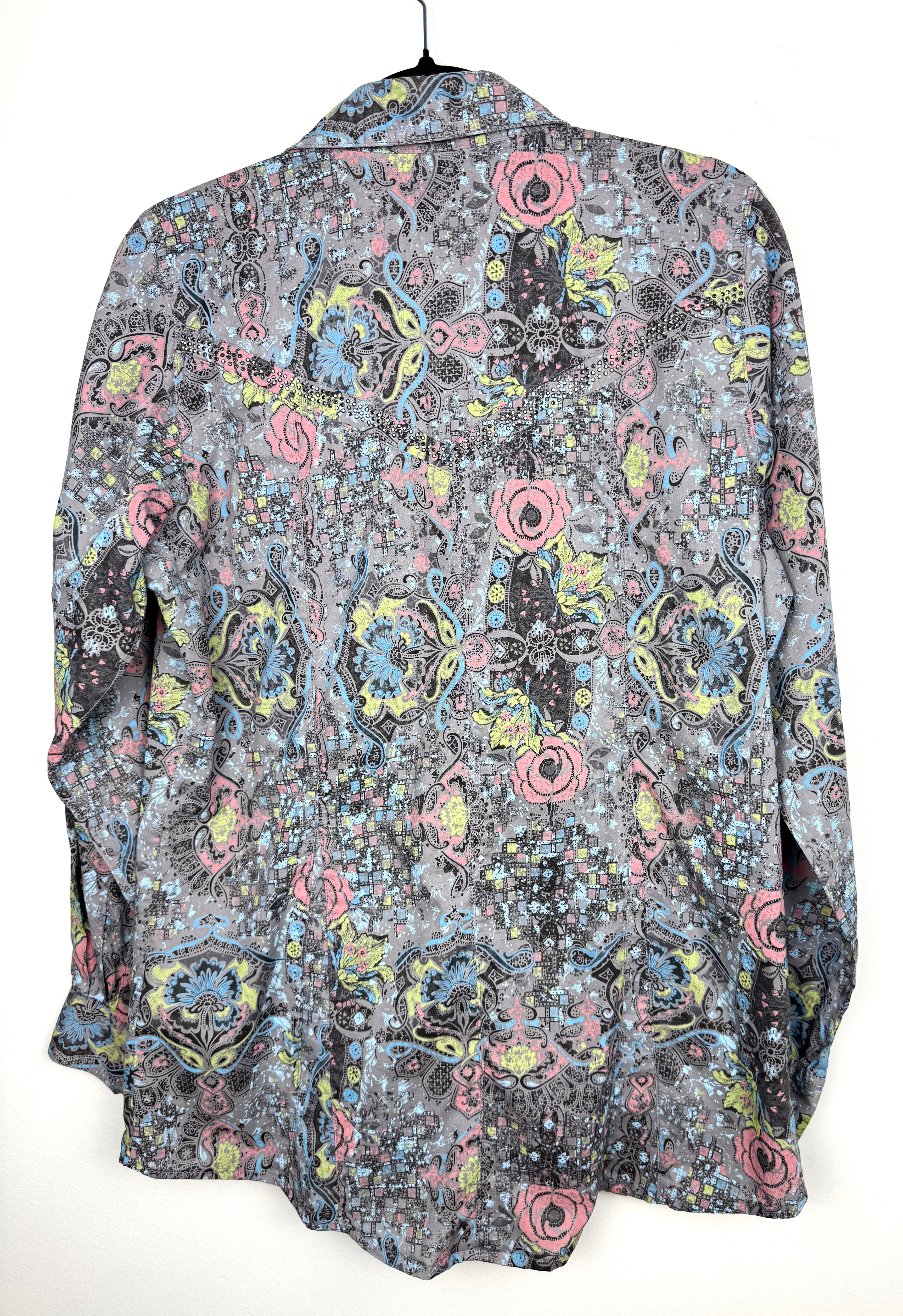 back of Wrangler Cowgirl Western Button Front Shirt with Rhinestone detail on hanger
