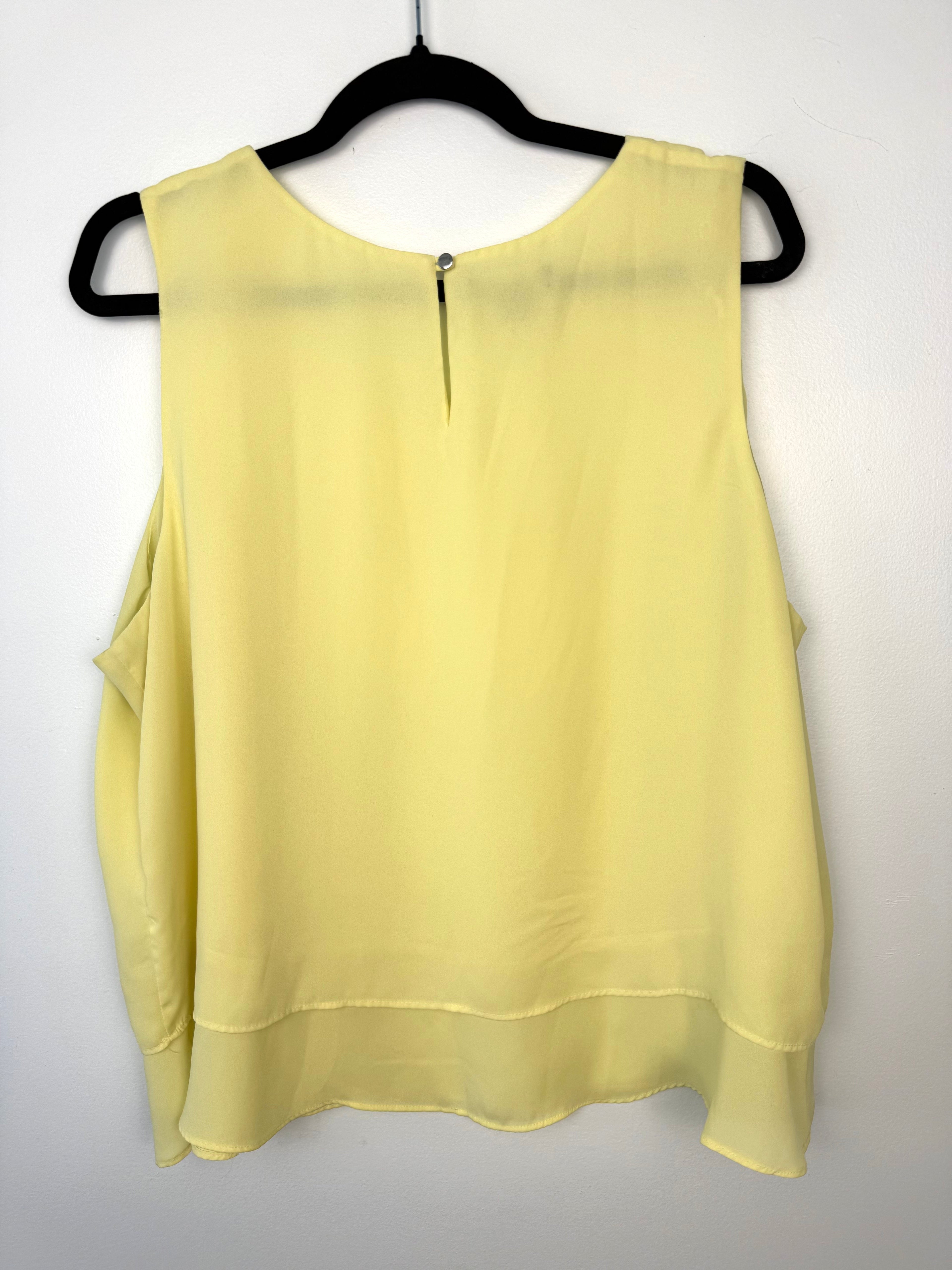 back of Yellow Layered Sleeveless Blouse | Metaphor Double Layer Chiffon Tank | Size XL at Blue Sparrow Shop on hanger