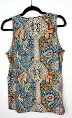 back of colourful paisley bohemian blouse with crochet lace neckline on hanger