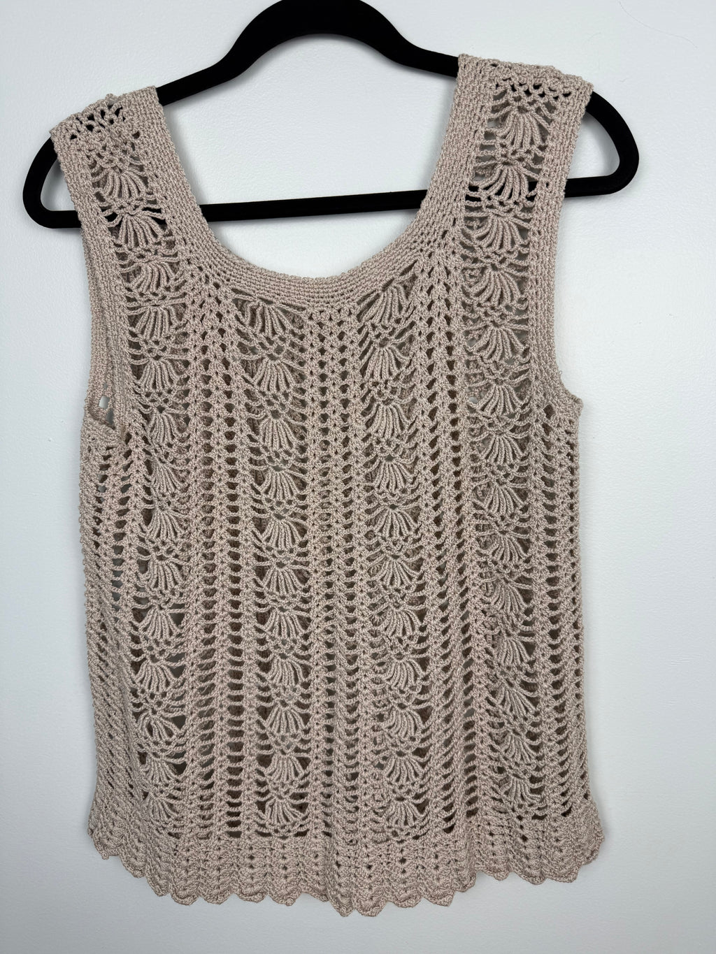 bak of handmade crochet top scalloped hem neutral layering piece at Blue Sparrow Shop  on hanger