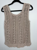 bak of handmade crochet top scalloped hem neutral layering piece at Blue Sparrow Shop  on hanger