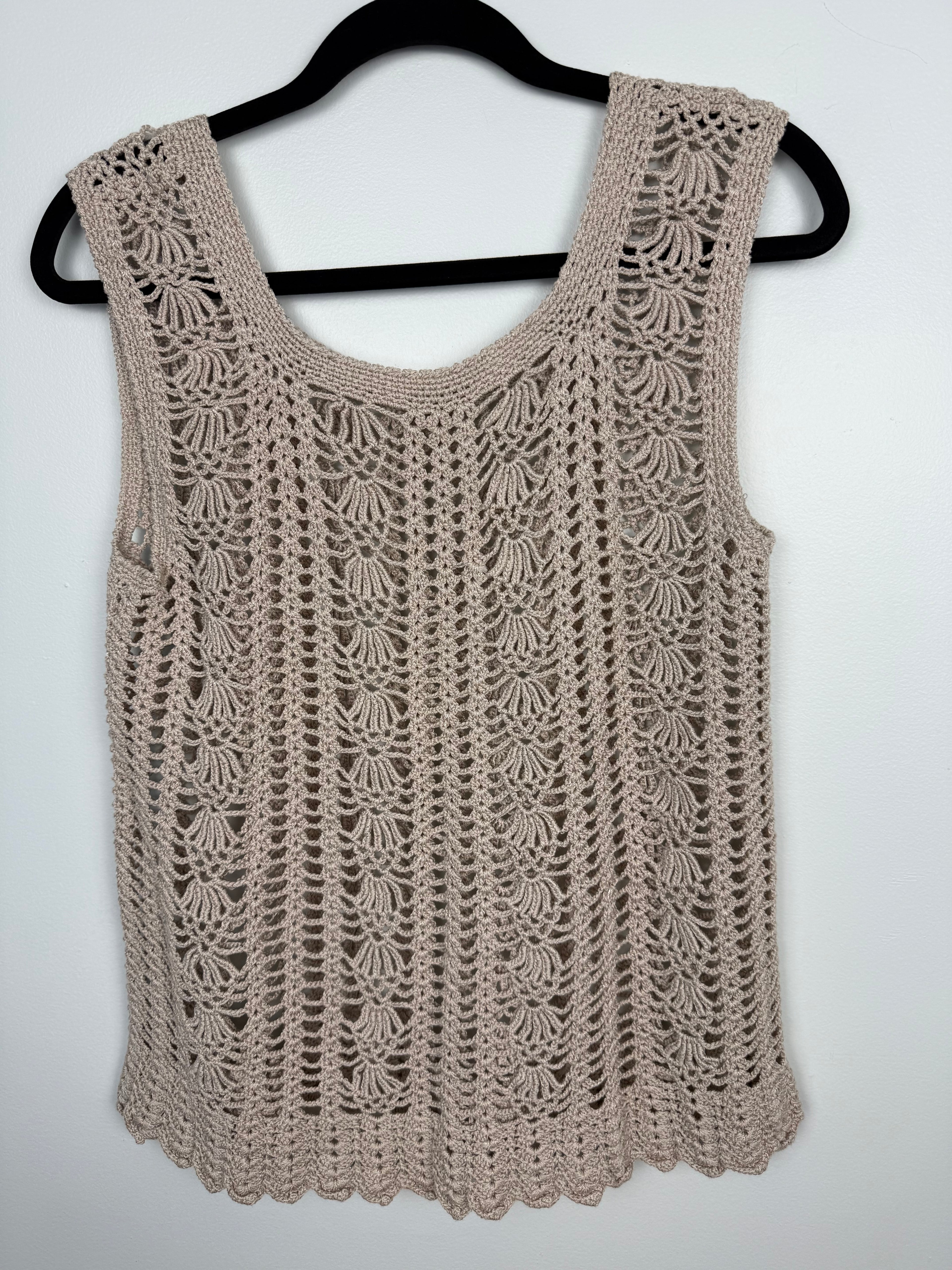 bak of handmade crochet top scalloped hem neutral layering piece at Blue Sparrow Shop  on hanger