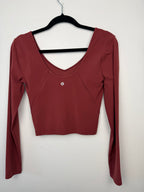 back of lululemon All It Takes Nulu V-Neck Long-Sleeve Shirt | Size 6 on hanger