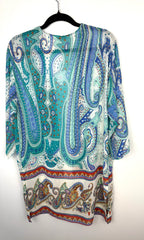 back of sleeve detail on Laura Paisley Kimono Cardigan | Blue Turquoise Boho Cover Up | Medium at Blue Sparrow Shop on hanger