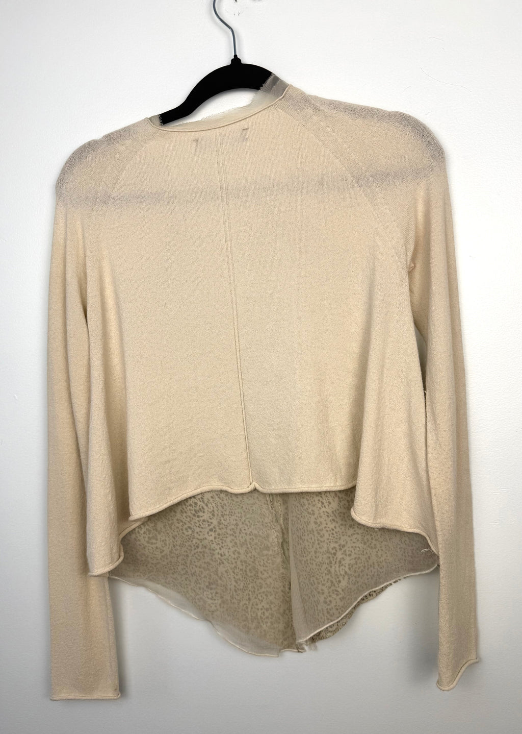 back of twin set simona barbieri beige cardigan with laser cut leather front panel on hanger