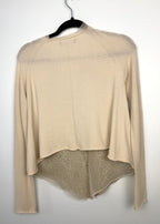 back of twin set simona barbieri beige cardigan with laser cut leather front panel on hanger