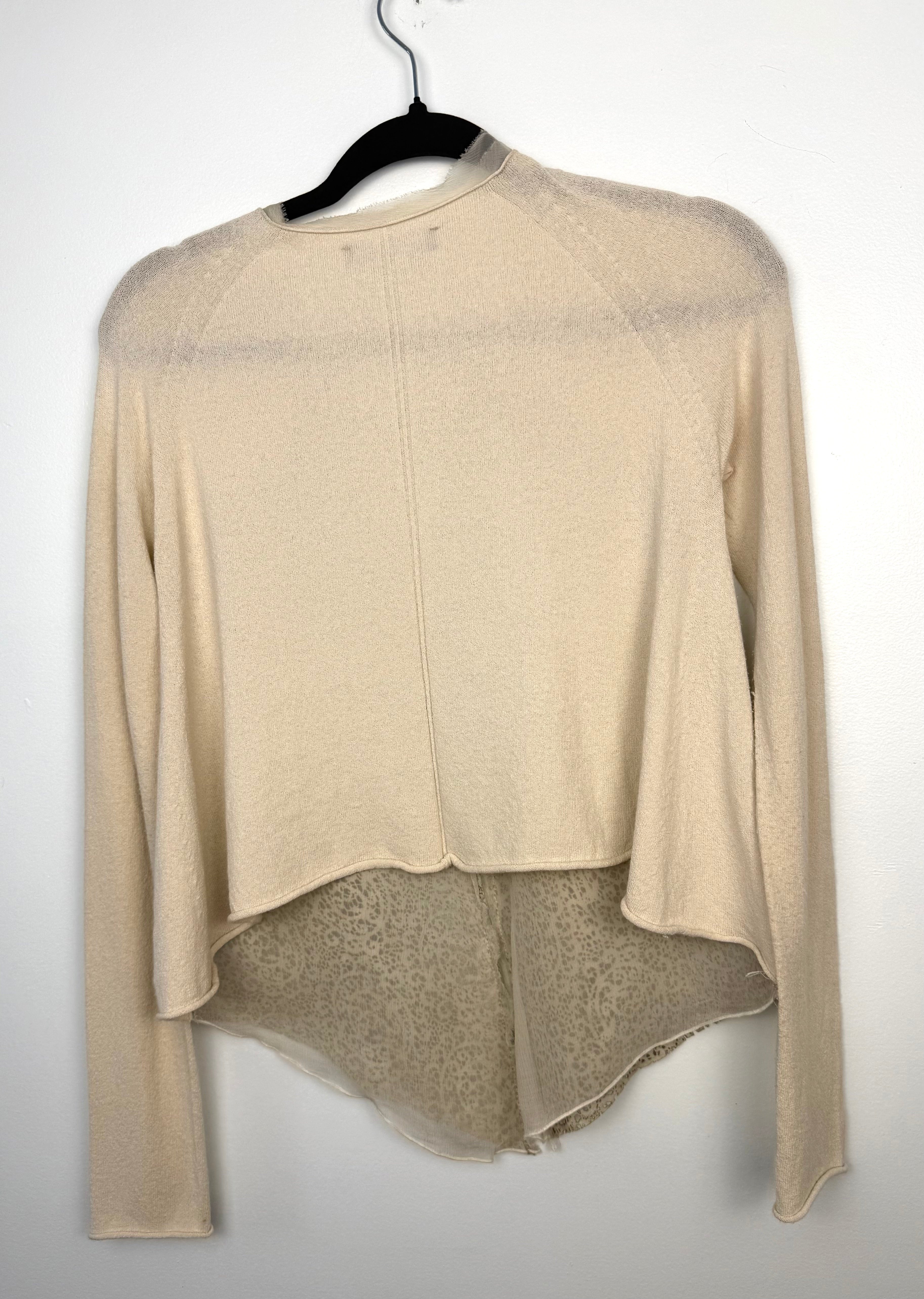 back of twin set simona barbieri beige cardigan with laser cut leather front panel on hanger