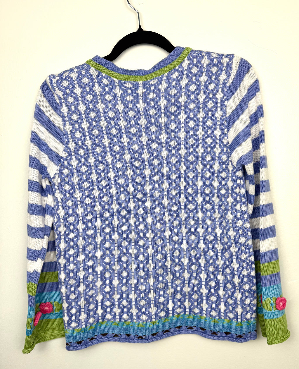 back of vintage looking Mislook Fair Isle Knit Cardigan  on hanger