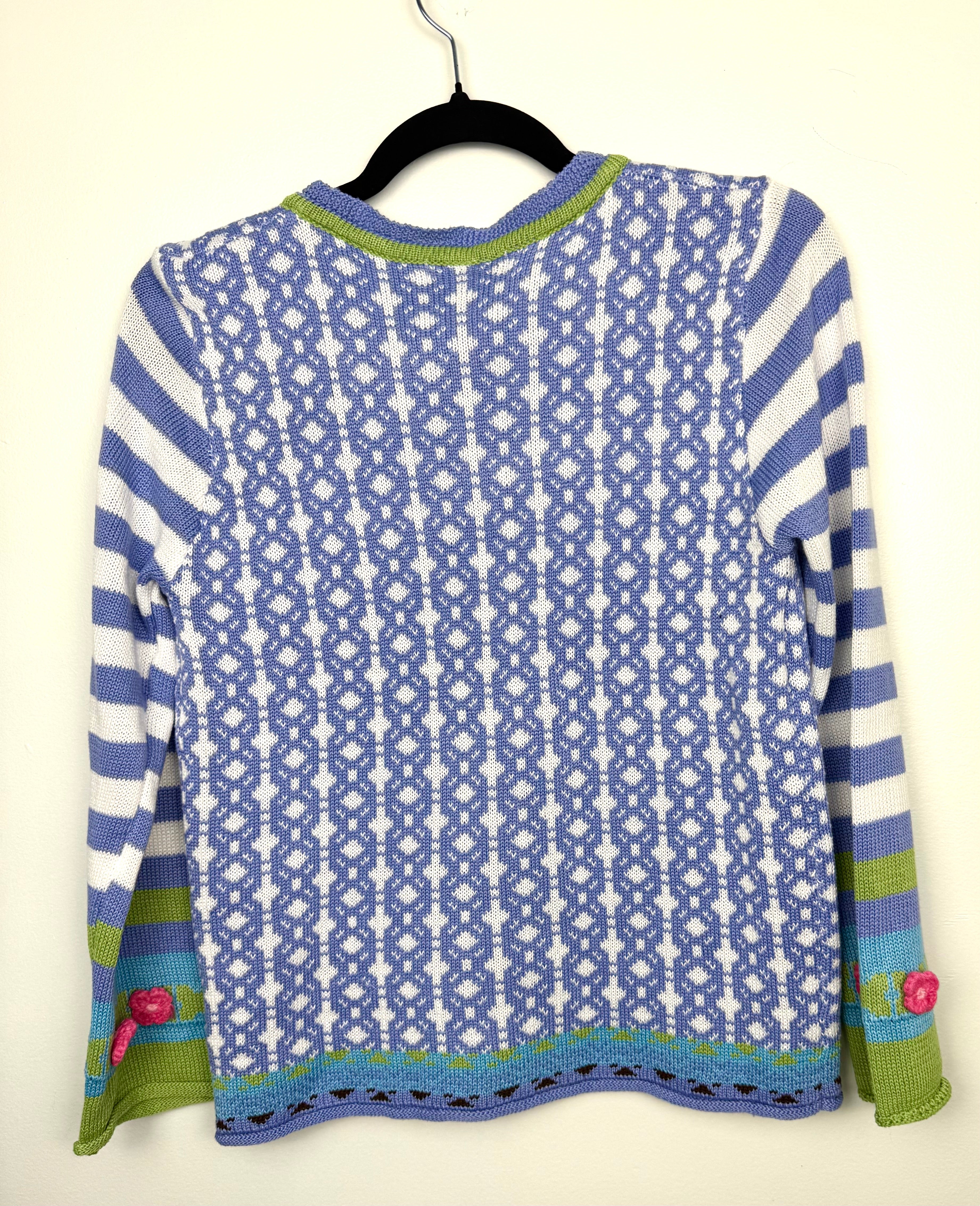 back of vintage looking Mislook Fair Isle Knit Cardigan  on hanger