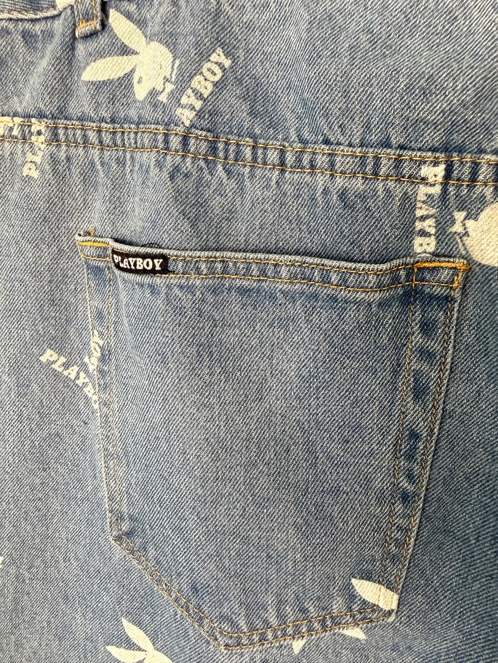 back pocket on 100% Cotton Playboy Bunny Print Wide Leg Jeans | Size 13 at Blue Sparrow Shop