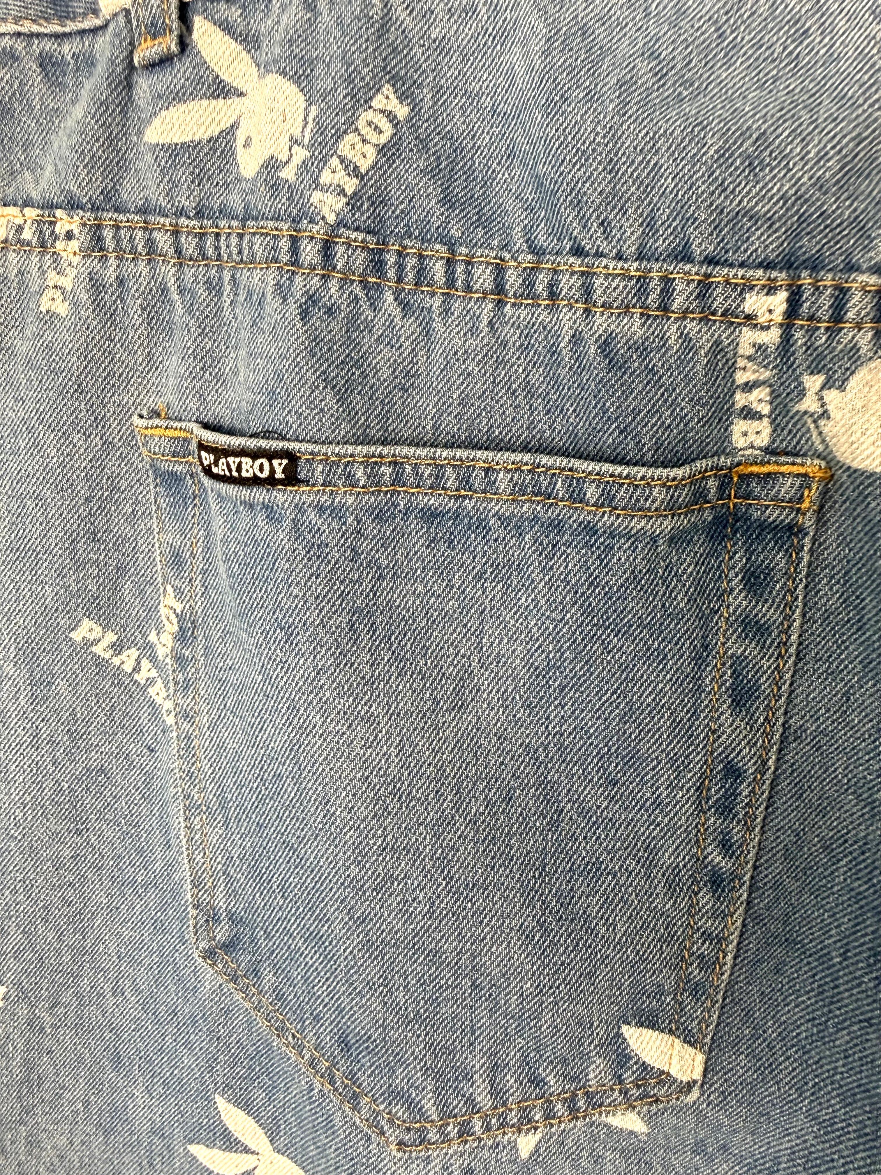 back pocket on 100% Cotton Playboy Bunny Print Wide Leg Jeans | Size 13 at Blue Sparrow Shop