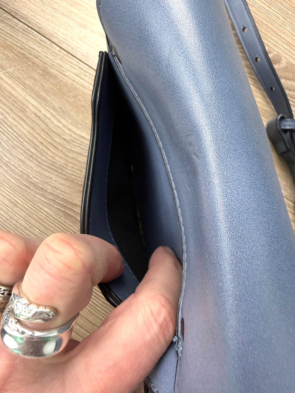 back pocket on Vegan Leather Blue Grey Saddle Crossbody Bag at Blue Sparrow Shop 