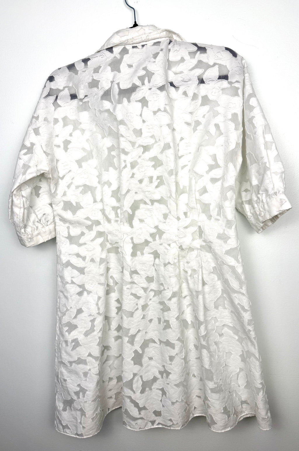 back view of Club Monaco white burnout shirt dress with brocade pattern 
