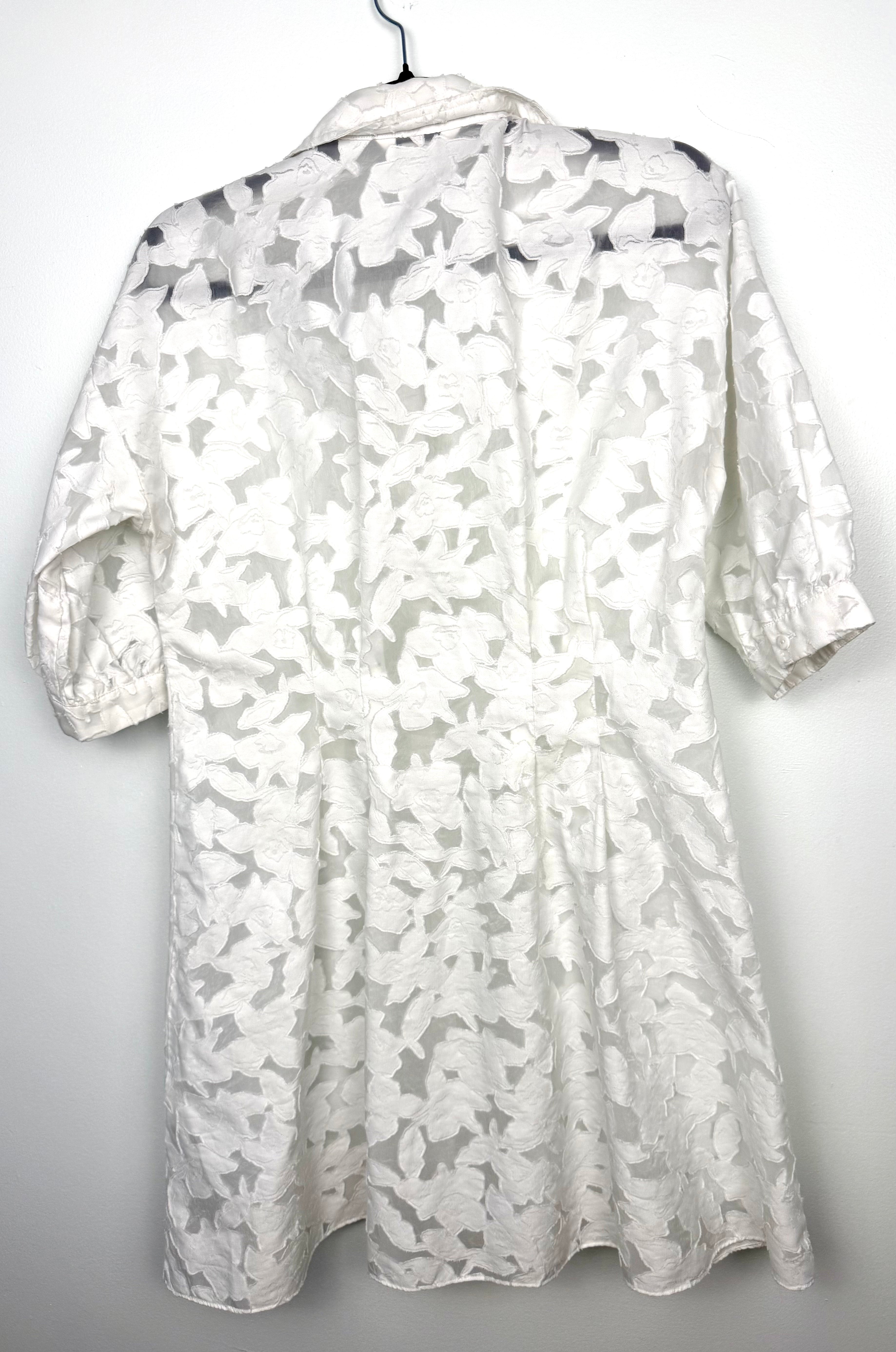back view of Club Monaco white burnout shirt dress with brocade pattern 