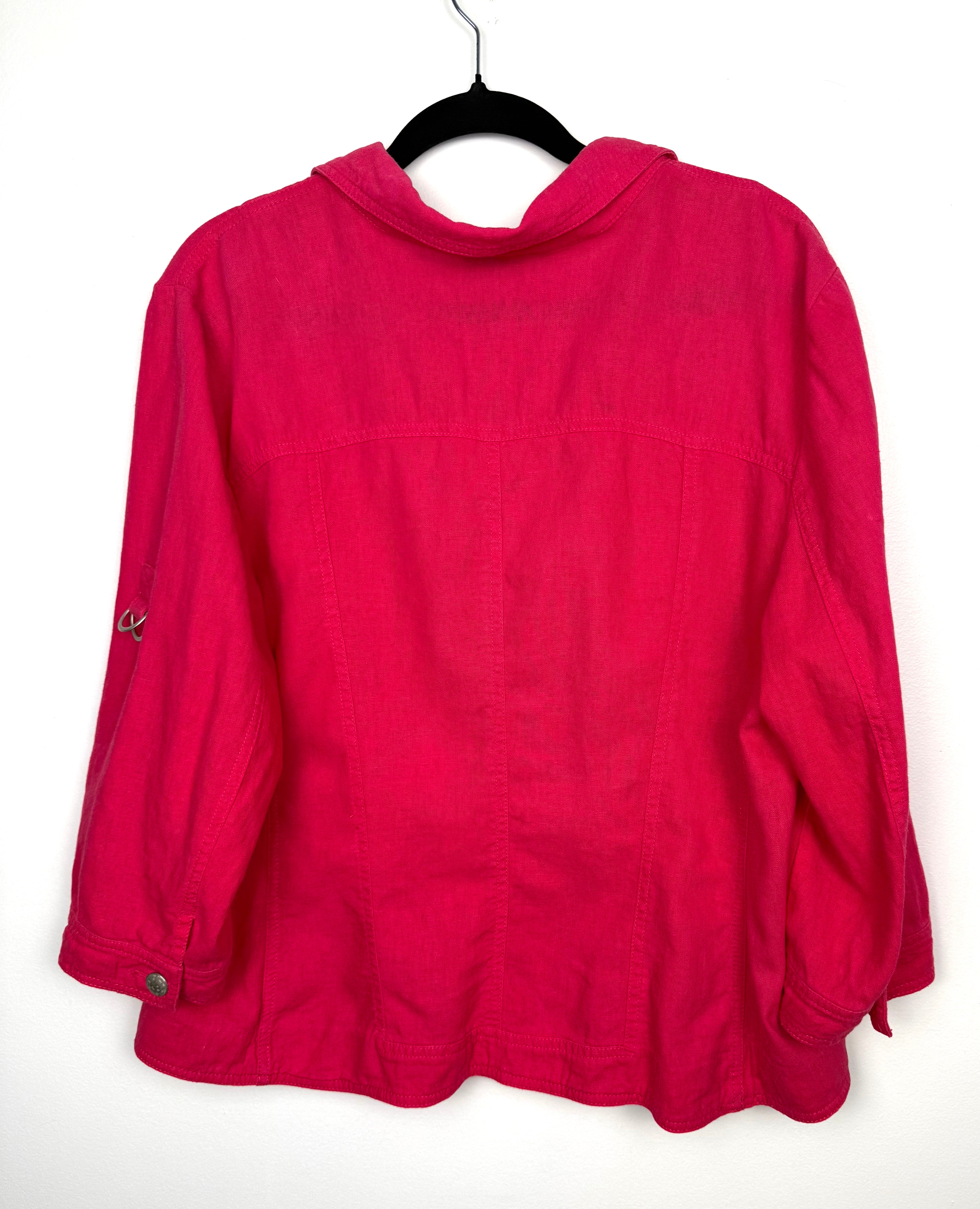 back view of Conrad C Collection fuchsia linen blend utility jacket women size 18 button front lightweight blazer on hanger