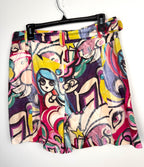 back view of Cotton Abstract Print Belted Skort – Colourful Graphic Print Skort – Size L at Blue Sparrow Shop on hanger