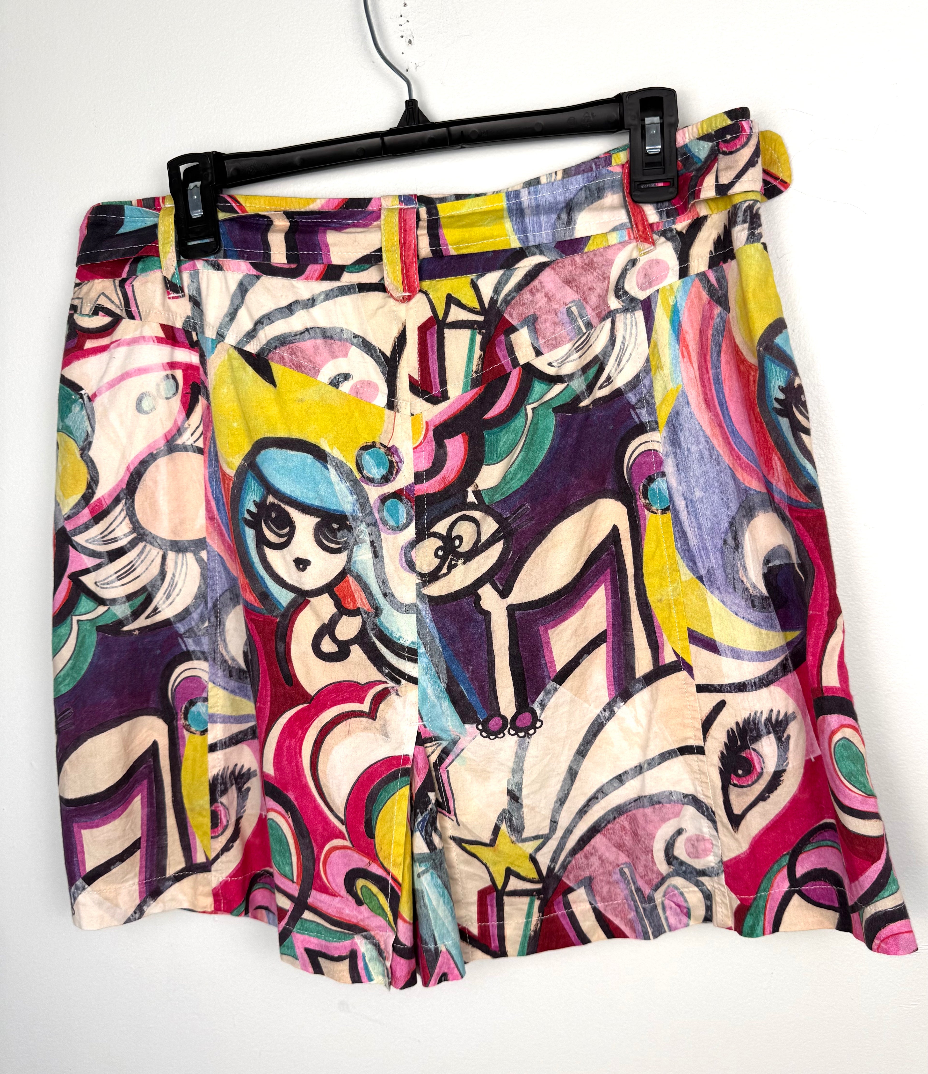 back view of Cotton Abstract Print Belted Skort – Colourful Graphic Print Skort – Size L at Blue Sparrow Shop on hanger