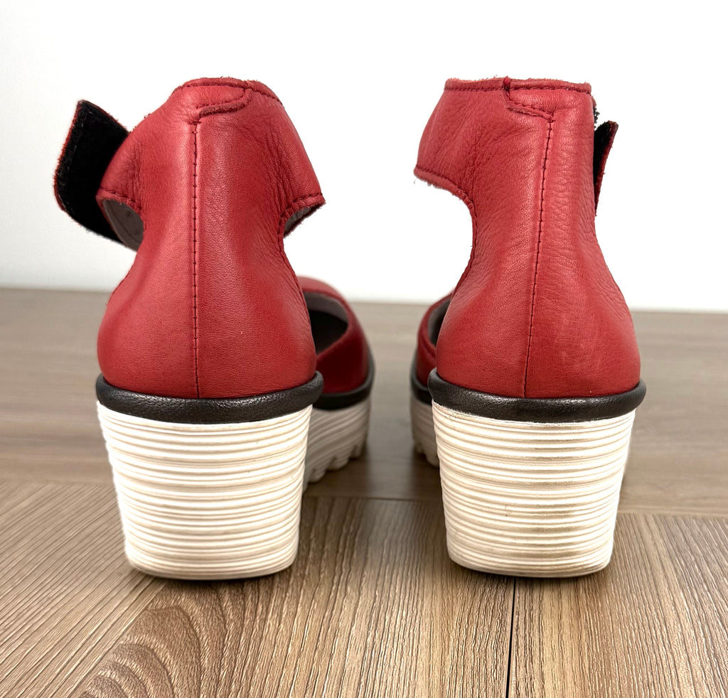 back view of Fly London Red Leather Platform Wedge Sandals