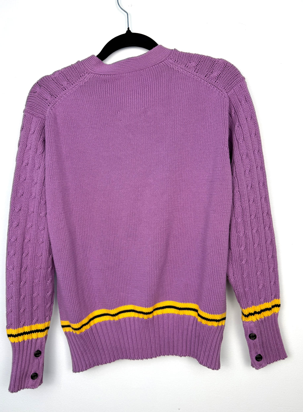 back view of   Guzzo 1969 handmade lilac cable knit cardigan XXL UK made cotton sweater with yellow and black stripe detail