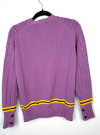 back view of   Guzzo 1969 handmade lilac cable knit cardigan XXL UK made cotton sweater with yellow and black stripe detail