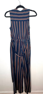 back view of  NWT Wide leg hem detail navy striped jumpsuit women.