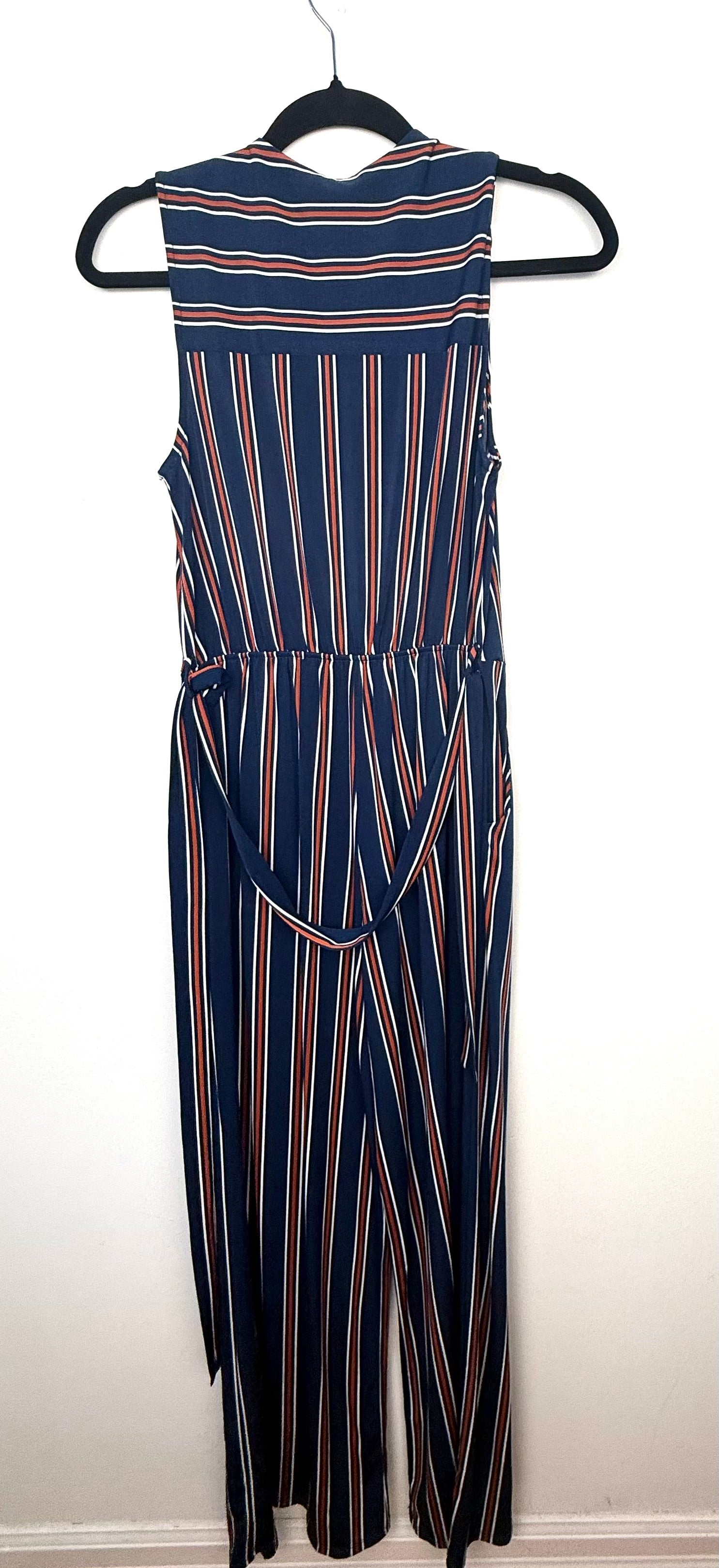back view of  NWT Wide leg hem detail navy striped jumpsuit women.