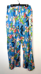 back view of Zara blue tropical bird floral wide leg pants on hanger