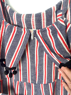 back zip on Made in Italy Cotton Linen Stripe Wide-Leg Jumpsuit — Denim Blue, Red & White | Pom-Pom Trim | Size M at Blue Sparrow Shop 